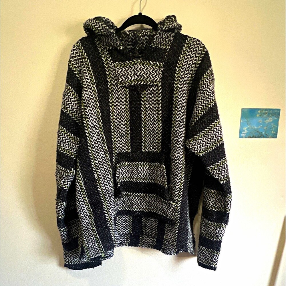 Baja Joe Black/White/Gray Striped Knit Hooded Pullover Sweater, Size XL